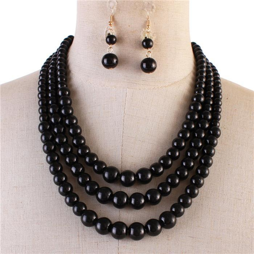 Three Layers Black Faux Pearl Necklace Earring Set